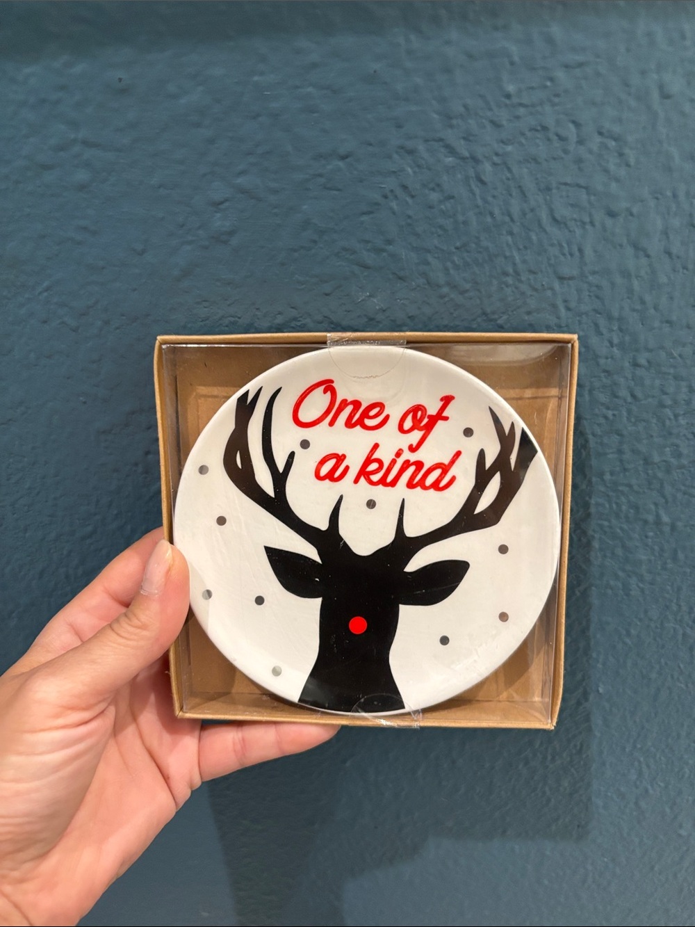 One of a Kind White and Black Reindeer Holiday trinket tray